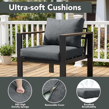 Patio Furniture Armchair Set of 2, All-Weather Patio Sofa with Washable Thick Cushion, Deluxe Aluminum Modern Outdoor Sectional for Porch, Balcony, Deck, Yard, Light Gray