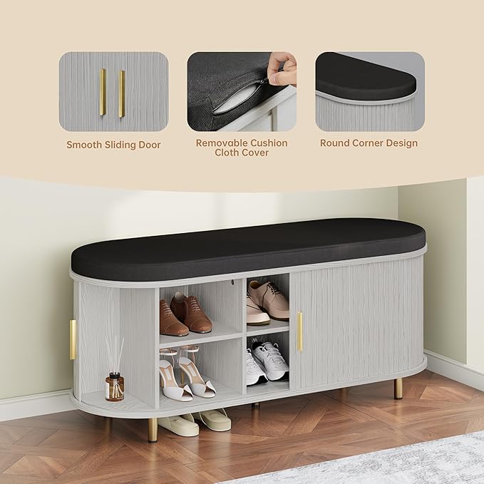 DHH 2-Tier Storage Bench,Wide Shoe Bench with Thickened Padded Seat Cushion, Mid Century Modern Fluted Sliding Door and Adjustable Shelf, for Entryway, Living Room, Bedroom (Grayish White, 43.3“)