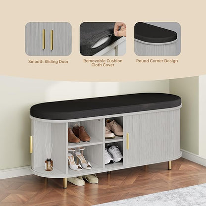 DHH 2-Tier Storage Bench,Wide Shoe Bench with Thickened Padded Seat Cushion, Mid Century Modern Fluted Sliding Door and Adjustable Shelf, for Entryway, Living Room, Bedroom (Grayish White, 43.3“)