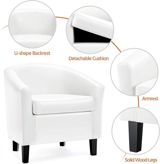 Topeakmart White Leather Chair, Modern and Comfy Accent Chair, Upholstered Barrel Chair with Wooden Legs for Living Room Bedroom Waiting Room, Set of 2, White