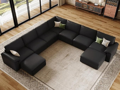 EASE MOOSE Faux Leather Sectional Couch with Ottoman, Oversized Modular Sofa, Vintage Comfy Modular Couch, Scratch Resistant Material Sofas, U Shaped Couch for Living Room, Black