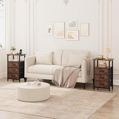 Vagusicc Nightstand Set of 2 with Charging Station, Bedside Table with USB Ports & Outlet, Side End Table with 3 Fabric Drawers & Storage Shelf, Bed Side Table Night Stand for Bedroom, Rustic Brown