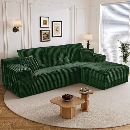 108" L Shaped Boneless Sectional Couches for Living Room, Comfy Corduroy Floor Cloud Sofa with Chaise, Wide Armrest, Deep Seat, Memory Foam, Assembly Free, Ideal for Small Spaces, Green