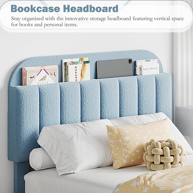 IDEALHOUSE Full Bed Frame with 2 Flexible Drawers and Bookcase Headboard, Boucle Upholstered Platform Bed for Boys, Noise-Free, Easy Assembly, No Box Spring Needed, Blue