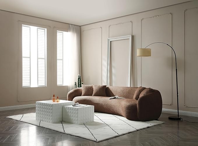 KEIKI 103" Boucle Half Moon Curved Sectional Sofa with 4 Throw Pillows, Modern 5-Seater Teddy Fleece Leisure Couch with Curved Backrest, Easy Assembly, for Living Room, Bedroom, Brown