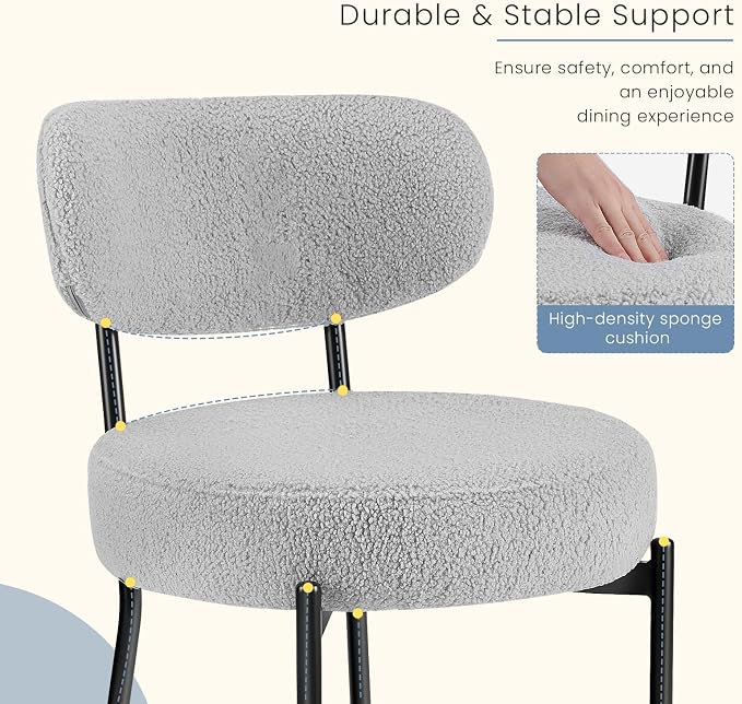 DUMOS Dining Chairs Set of 2, Mid Century Modern Chair Round Upholstered Curved Backrest, Kitchen Vanity Living Room Chairs with Black Metal Legs，Light Grey