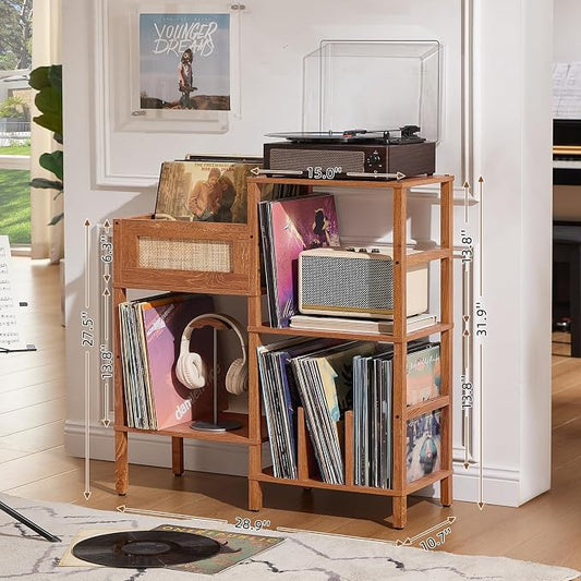 LELELINKY Record Player Stand, Brown Wood Record Holder with Vinyl Storage Holds up to 300+ Albums, 3-Tier Rattan Media Table with Vinyl Display Shelf, Record Storage Cabinet for Living Room