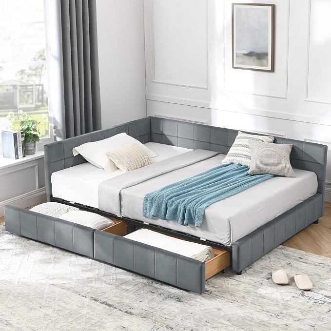 Bellemave Full Size Corner Bed Frame with Storage Drawers, Comfortable Backrest and Armrests, Velvet Tufted Corner Bed Frame Full Size, Upholstered Daybed for Bedroom, Living Room, Guest Room, Gary