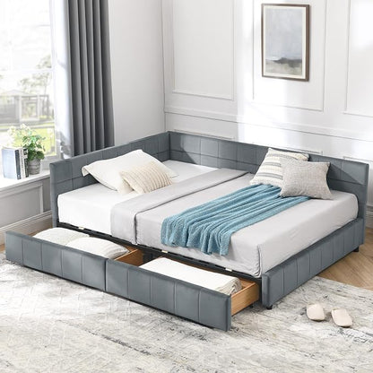 Bellemave Full Size Corner Bed Frame with Storage Drawers, Comfortable Backrest and Armrests, Velvet Tufted Corner Bed Frame Full Size, Upholstered Daybed for Bedroom, Living Room, Guest Room, Gary
