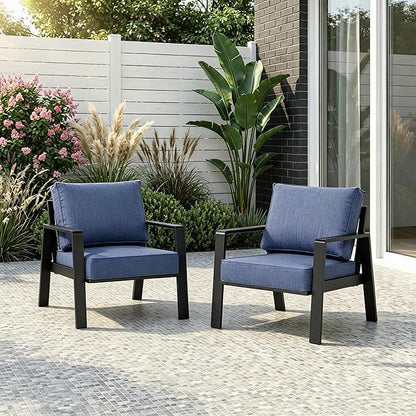 2 Pieces Aluminum Outdoor Armchair, Oversized Patio Couch, Modern Sofa All Weather Metal Furniture Set with 5" Cushions (Black/Blue)