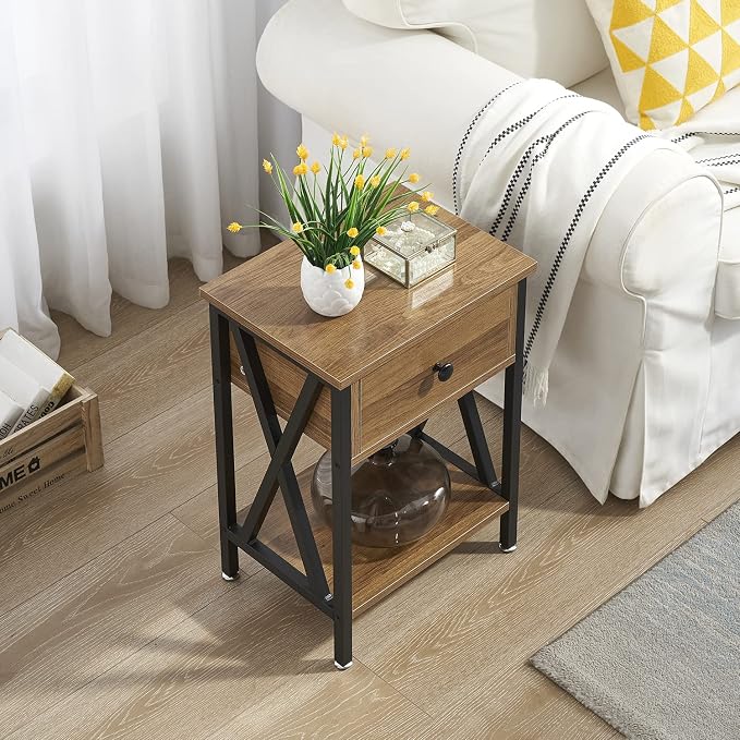 VECELO Nightstand,Modern Bedside End Table, Night Stand with Drawer and Storage Shelf for Living Room Bedroom, Industrial Metal Frame