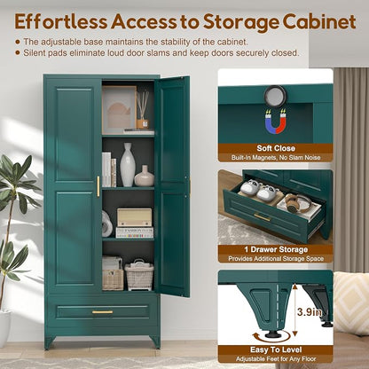 UNICOLY 75" Kitchen Pantry Cabinet with Drawer, Tall Storage Cabinet with Doors and 4 Shelves, Metal Storage Cabinets for Kitchens, Living Room, Dinning Room, Assembly Required, Green