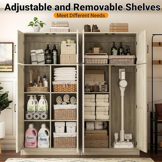 Unikito 71” Farmhouse Kitchen Pantry Cabinet, Large Storage Cabinet with Adjustable Shelves and Barn Doors, Versatile Tall Storage Cupboard for Dinning Room, Bathroom, Living Room, Wash Gray, 2 Pack