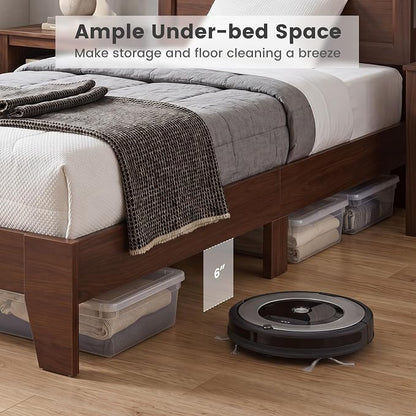 KOMFOTT Twin Size Bed Frame, Mid-Century Modern Platform Bed with Headboard, Wooden Slat Support Mattress Foundation, Under-Bed Storage Space, No Box Spring Needed (Walnut,Twin)