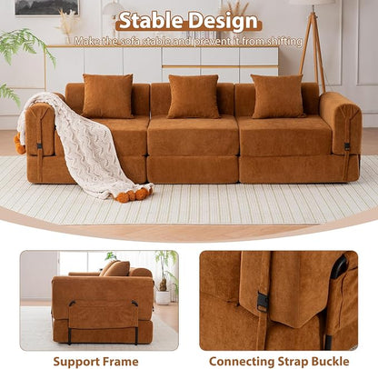 Cloud Modular Sectional Sofa, Foldable Floor Couch Bed, Convertible Sleeper Sofa Bed, Fold Out Boneless Couches for Living Room, Office, Guest Room, Apartment (3 Seater Couch, Orange)