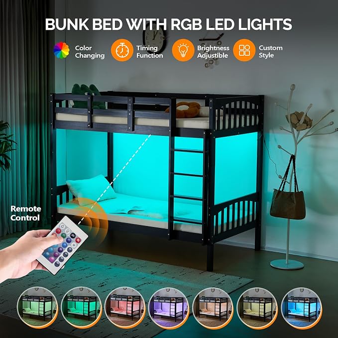 VINGLI Solid Wood Bunk Bed Twin Over Twin with RGB LED Light and Charging Station,15 inches Extra Tall Guardrail, Convertable 2 Deckers Bed, Heavy Duty Wood Slat Support, Black