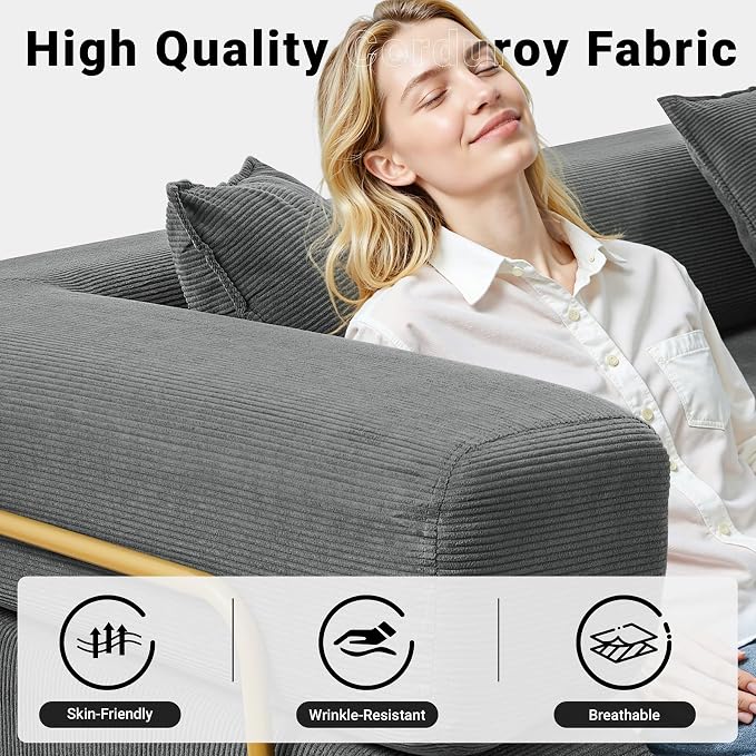 ivoros 108" Oversized Convertible Sleeper Sofa Bed, Corduroy L Shape Sectional Couch, Folding Sofa Bed with Fixed-Shape Frame, Modern Cloud Floor Mattress Couch, Modular Sofa for Living Room,Grey