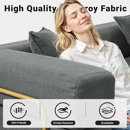 ivoros 108" Oversized Convertible Sleeper Sofa Bed, Corduroy L Shape Sectional Couch, Folding Sofa Bed with Fixed-Shape Frame, Modern Cloud Floor Mattress Couch, Modular Sofa for Living Room,Grey