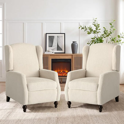 Upholstered Wingback Recliner Chair, Cozy Corduroy Manual Push Back Recliner for Living Room, Bedroom (2, Beige)