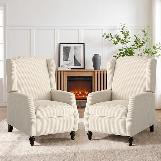 Upholstered Wingback Recliner Chair, Cozy Corduroy Manual Push Back Recliner for Living Room, Bedroom (2, Beige)