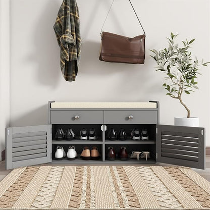 WARMHONIU Shoe Storage Bench with 2 Drawers, Entryway Bench with Cushion, Adjustable Shelves, Shoe Rack Bench with Louvered Doors for Entryway, Bedroom, Hallway, White