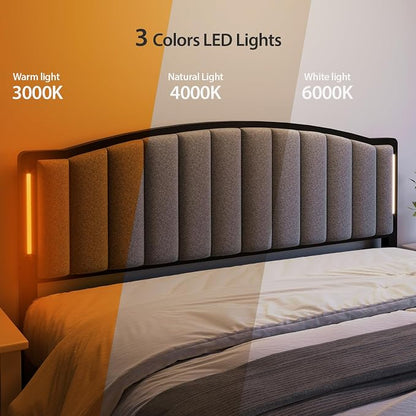 Headboard for King Size Bed with LED Lights, Upholstered Vertical Channel Tufting Head Boards, Linen Fabric Bed Headboard Only, Study & Comfortable, Ideal for Bedroom, Dorm, Guest Room, Grey