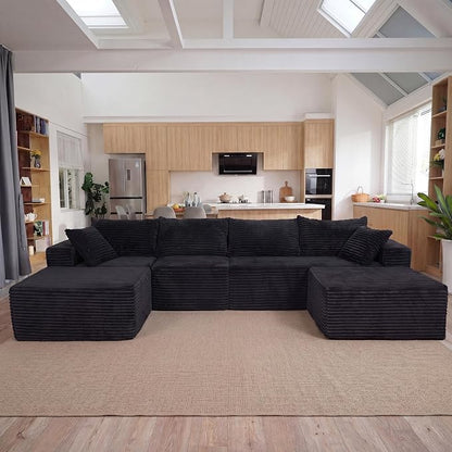 Claiks 120" Boneless Couch, Cloud Couch Sectional, U-Shape Corduroy Modular Sectional Sofa Deep Seat, Upholstered Couches for Living Room, No Assembly Required, Black