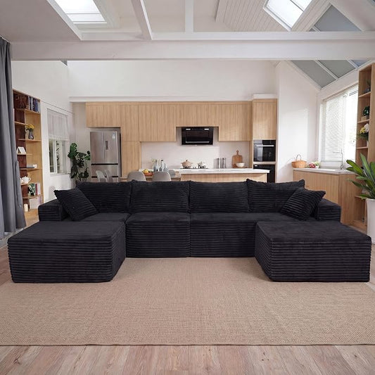 Claiks 120" Boneless Couch, Cloud Couch Sectional, U-Shape Corduroy Modular Sectional Sofa Deep Seat, Upholstered Couches for Living Room, No Assembly Required, Black