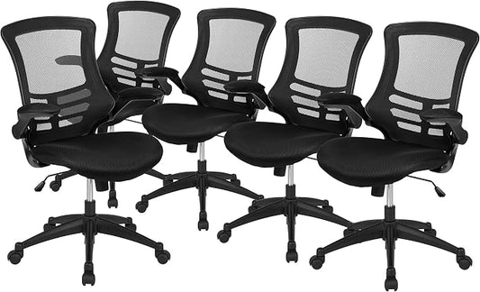 Flash Furniture Kelista Mid-Back Black Mesh Swivel Ergonomic Task Office Chair with Flip-Up Arms - Set of 5