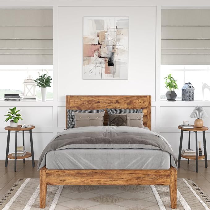 sthmec Side Table, Small Round End Table with Storage Shelf for Small Space, 2-Tier Bedside Table Sofa Couch Table, Round Accent Table Nighstands for Living Room, Bedroom, Rustic Brown