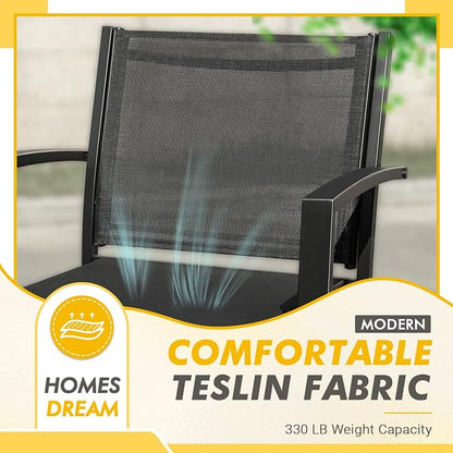Greesum 3 Pieces Patio Furniture Outdoor Bistro Set Textilene Fabric Chairs for Lawn, Garden, Balcony, Poolside with A Glass Coffee Table, Black