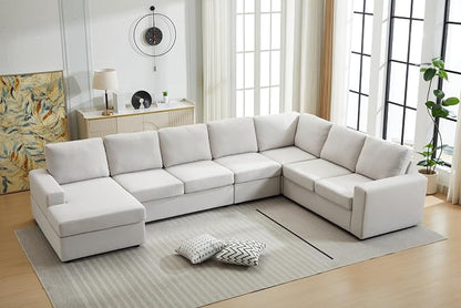Ball & Cast 147" L-Shaped Sectional Couch for Living Room with Reversible Chaise & Removable Back Cushions,7 Seat Linen Upholstered Convertible Sectional Sofa Set,DIY Combination,for Home,Office,Beige