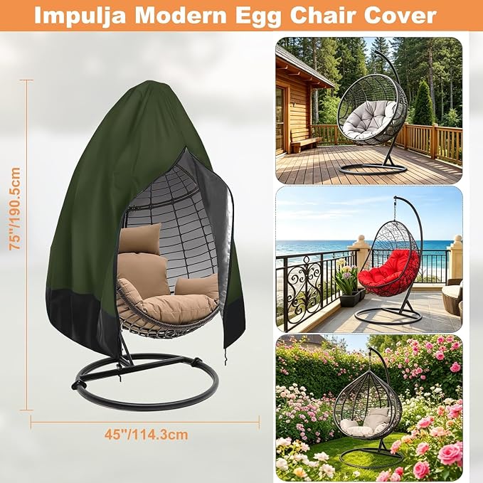 Egg Chair Cover Waterproof, 75x45 Inch Outdoor Hanging Egg Swing Chair Cover, Heavy Duty 420D Oxford Fabric, UV Resistant Windproof with Zipper & Drawstring, Fits Single Seat Egg Chair (Army Green)