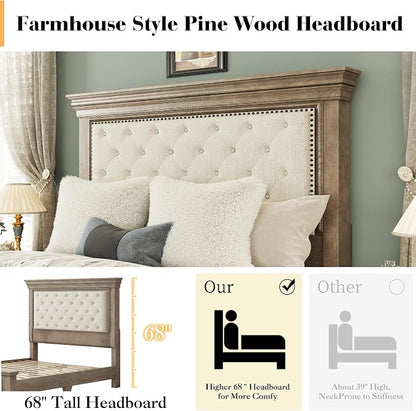LUXOAK Solid Pine Wood Queen Bed Frame with 69" High Upholstered Headboard, Transitional Style Platform Bed, No Box Spring Needed & Easy Assembly, Button-Tufted Chenille Fabric, Antique Taupe
