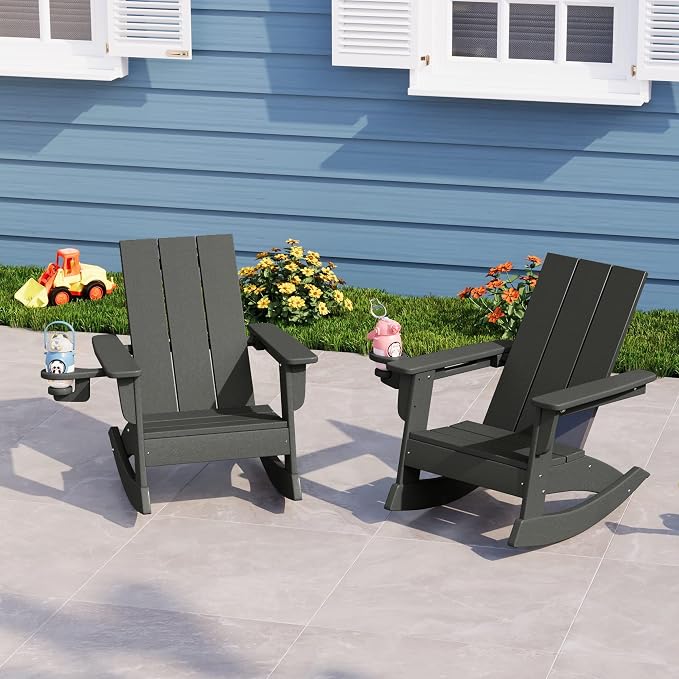 Costaelm Palms Kids Outdoor Preschool HDPE Plastic Modern Adirondack Rocking Chair (Set of 2), Gray