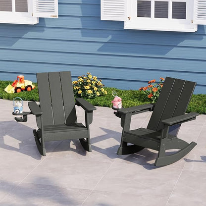Costaelm Palms Kids Outdoor Preschool HDPE Plastic Modern Adirondack Rocking Chair (Set of 2), Gray