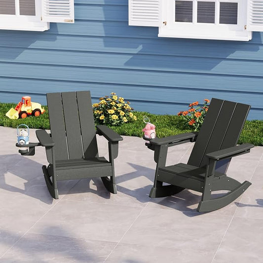 Costaelm Palms Kids Outdoor Preschool HDPE Plastic Modern Adirondack Rocking Chair (Set of 2), Gray