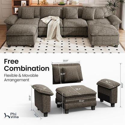 PHI VILLA Cloud Modular Couch Sets, 157.5" Oversized Sectional Sofa with U-Shaped Chaise, 6-Seater Couches with Movable Ottomans for Living Room, Chenille Smoky Grey
