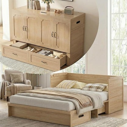 Mjkone Queen Murphy Bed, Murphy Cabinet Bed with USB Charging Station & Tri-Fold Memory Foam Mattress, Hidden Cube Cabinet Beds with Large Storage Drawer for Guest Room Home Office, Natural Wood