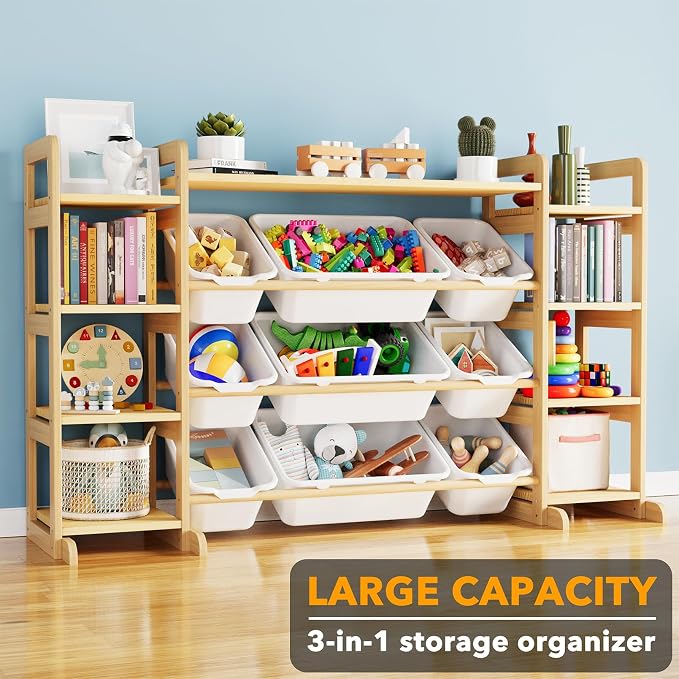 SpaceAid Large Toy Storage Organizer 9 Shelves 9 Bins, Toy Organizers Storage Bookshelf, Kids Bin Shelf Toys Box Bookcase for Bedroom Playroom Organization Room Decor, White