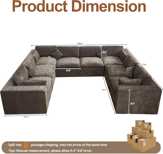 146''Cloud Boneless Sectional Couch, Modular Sectional Sofa Deep Seat, Oversized Upholstered Convertible Comfy 8 Seater Chenille Memory Foam Sofa U Shape Couches for Living Room, Brown