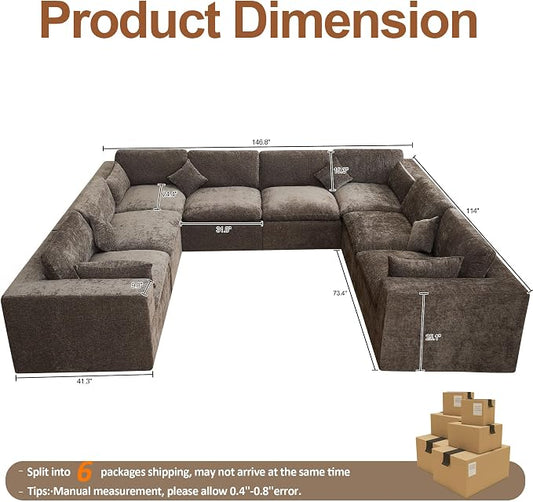 146''Cloud Boneless Sectional Couch, Modular Sectional Sofa Deep Seat, Oversized Upholstered Convertible Comfy 8 Seater Chenille Memory Foam Sofa U Shape Couches for Living Room, Brown