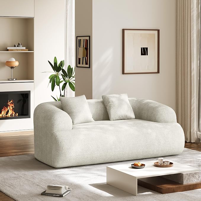Half Moon Curved Sectional Sofa with 2 Throw Pillows, Modern Style 2-Seater Chenille Leisure Couch with Curved Backrest, Easy Assembly, for Apartment, Living Room, Bedroom, Cream White（76 inch）