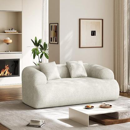 Half Moon Curved Sectional Sofa with 2 Throw Pillows, Modern Style 2-Seater Chenille Leisure Couch with Curved Backrest, Easy Assembly, for Apartment, Living Room, Bedroom, Cream White（76 inch）