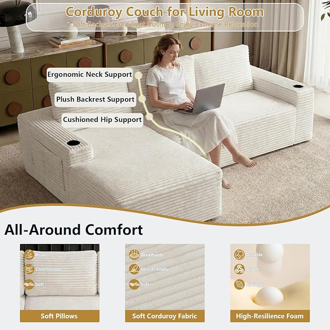 104" Cloud Sectional Couch L-Shaped with Side Pockets Cup Holders, Corduroy Boneless Couch for Living Room,Upholstered Deep-Seat Modular Sectional Sofa, No Assembly Required (White,Left Facing Chaise)