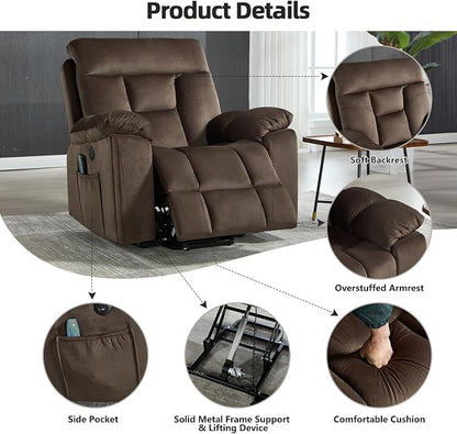 CANMOV Large Power Lift Recliner Chair with Massage and Heat for Elderly Big and Tall People, Overstuffed Wide Recliners with 2 Cup Holders, Side Pocket and USB Port, Dark Brown