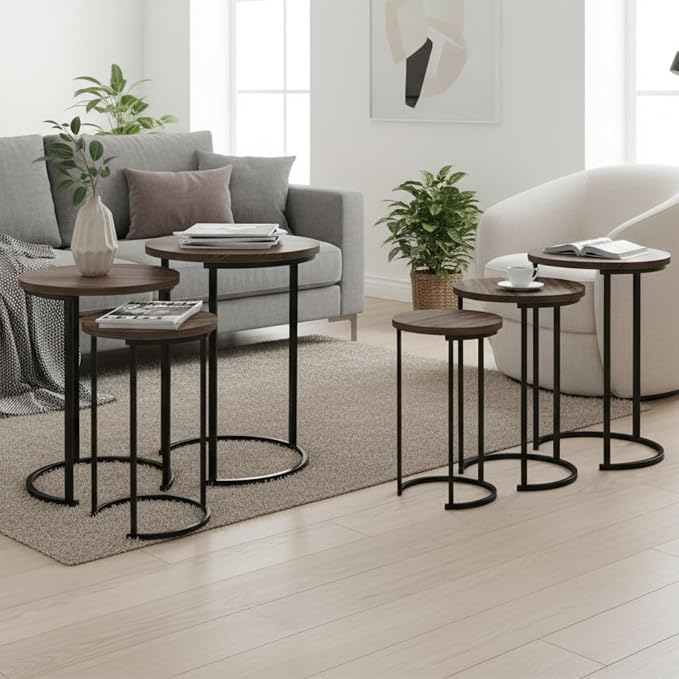 Lavish Home Nesting Tables - Set of 6 Round Side Tables with Woodgrain-Look Tops and Black Metal Frames – Modern Accent & End Table Set for Living Room, Bedroom, or Home Office (Gray/Brown)