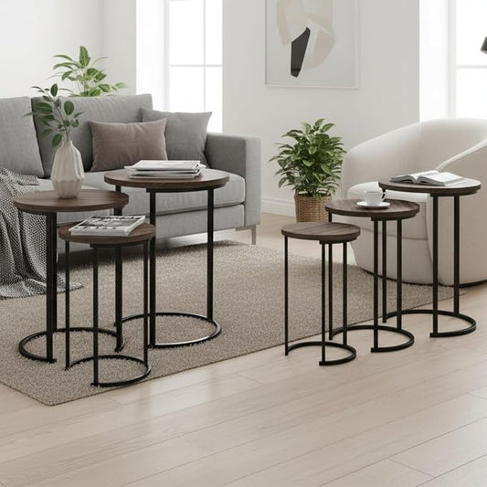 Lavish Home Nesting Tables - Set of 6 Round Side Tables with Woodgrain-Look Tops and Black Metal Frames – Modern Accent & End Table Set for Living Room, Bedroom, or Home Office (Gray/Brown)