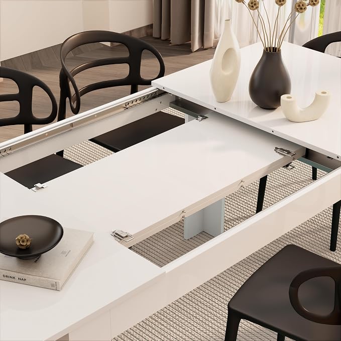 Mobili Fiver, Easy, Extendable Dining Table, 55.1(86.6) x35.4 in, High Gloss White, for 6-8 People, Expandable Dining Table for Kitchen, Italian Furniture