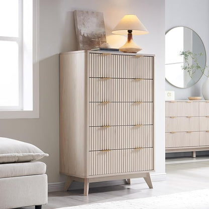 T4TREAM Fluted 5 Drawers Dresser, 48" Tall Modern Chest of Drawers, Curved Profile Design, Wood Drawer Organizer for Bedroom, Living Room, Hallway, Entryway, White Alder